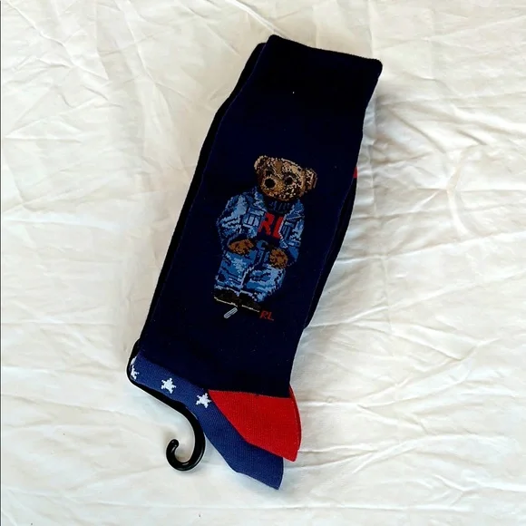 NEW WITH TAGS! Two Pairs, Ralph Lauren Blue and Red Dress Socks with Bear Design - Picture 1 of 5